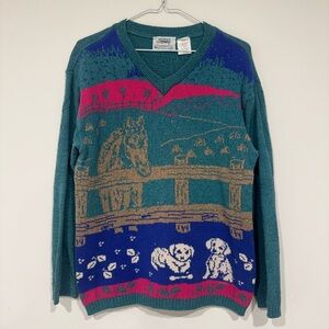 Vintage Northern Getaway Pullover V-Neck Sweater Horse Dog Animal Print Size M